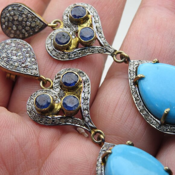 $2600 Turquoise Diamond Sapphire 14k oner Silver Earring - Picture 5 of 7